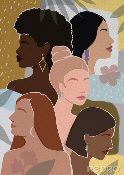 Sticker Modernes Konzept der Frauen mit unterschiedlicher Hautfarbe
