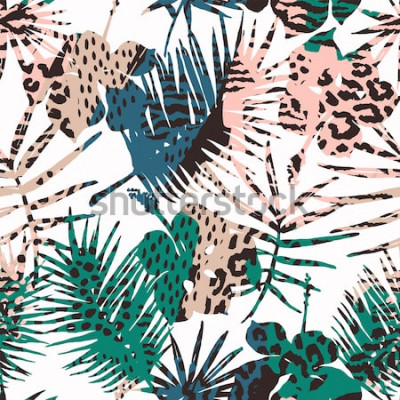 Sticker Modisches nahtloses exotisches Muster mit Palme, Tierdrucken und Hand gezeichneten Beschaffenheiten. Vektor-Illustration Moderner abstrakter Entwurf für Papier, Tapete, Abdeckung, Gewebe, Innendekor u