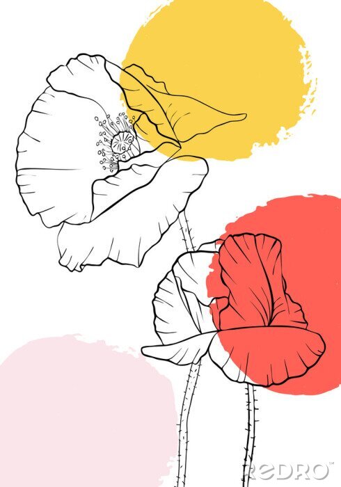 Sticker Mohnblumen auf einem weißen Hintergrund mit Farbflecken bedeckt