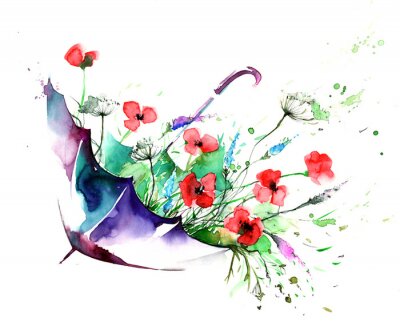 Sticker Mohnblumen in einem Regenschirm