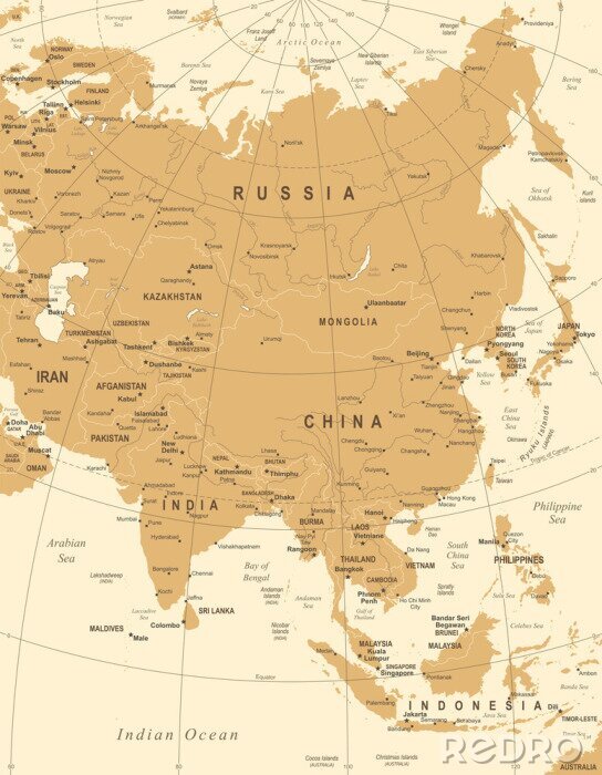 Sticker Monochromatische Karte von Asien in warmen Farben