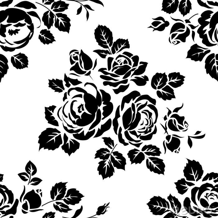 Sticker Monochrome nahtlose Hintergrund mit Vintage Rose Silhouetten. Vector nahtlose Muster