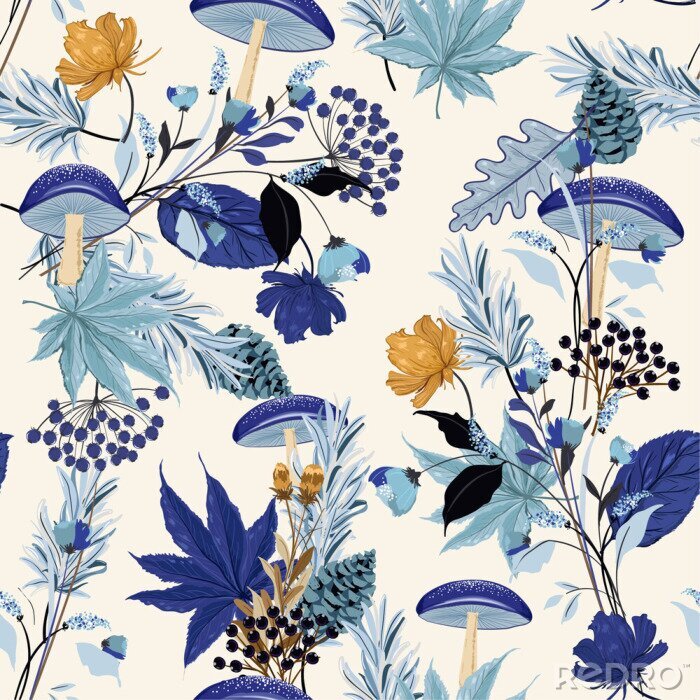 Sticker Monotine auf blauem Schatten nahtloses Muster des Herbstnachtgartens mit handgezeichnetem Blatt, Pilz, Blumen, Pinienkernen, Eiche im Waldmotivvektor