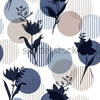 Sticker Monotone in blauen Vektor botanischen Silhouette Blumen nahtloses Muster auf modernen bunten Tupfen mit Streifen, zarte Blumentapeten, wilde Blumen