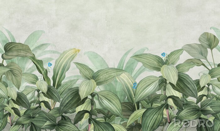 Sticker Motley grass. Tropical plants in the style of frescoes. Seamless pattern for interior printing.