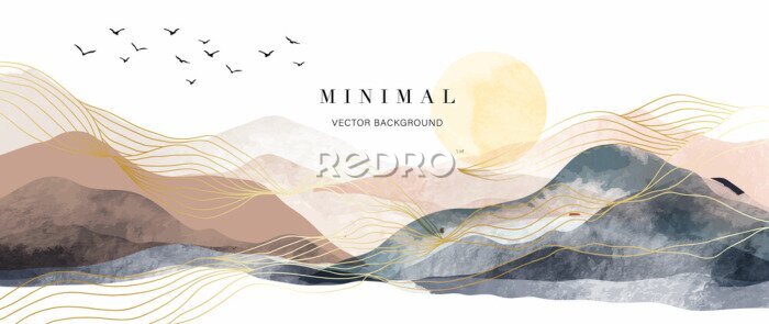 Sticker Mountain background vector. Minimal landscape art with watercolor brush and golden line art texture. Abstract art wallpaper for prints, Art Decoration, wall arts and canvas prints.