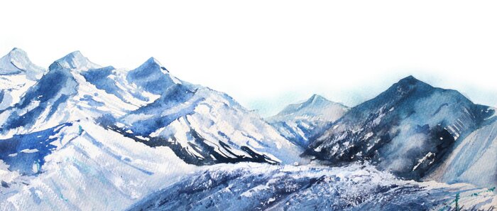 Sticker Mountain winter snow peak watercolor in blue tone on white background