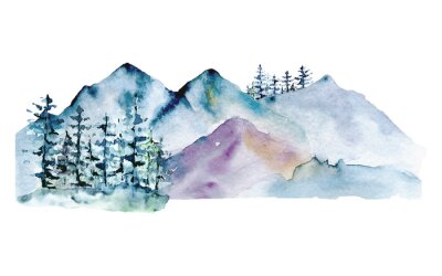 Sticker Mountains, forest nature landscape. Watercolor wildlife. Perfectly for tourism and outdoor design. Hand painting sketch scenery. Illustration isolated on white background. 