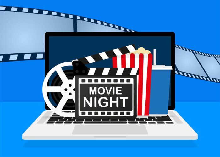 Sticker Movie night illustration. Cinema poster concept. Banner design for movie theater.