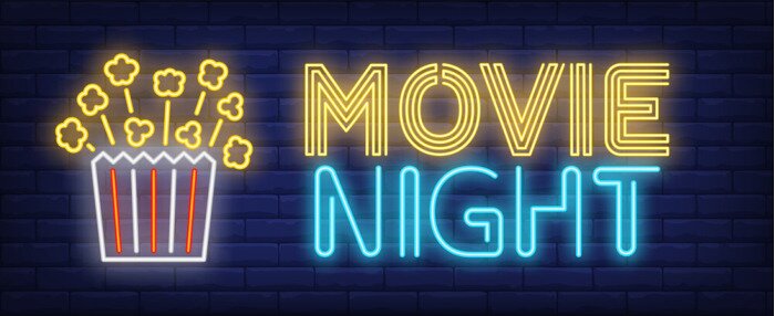 Sticker Movie night neon text with popcorn paper box