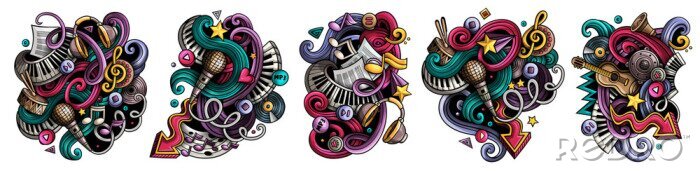 Sticker Music cartoon vector doodle designs set