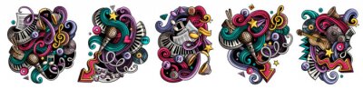 Sticker Music cartoon vector doodle designs set