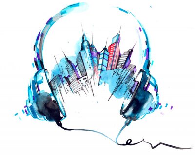 Sticker Musik Kopfhörer und Aquarell-Stadtpanorama