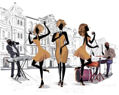 Sticker Musikband spielt vor einer Kulisse von Mietshäusern