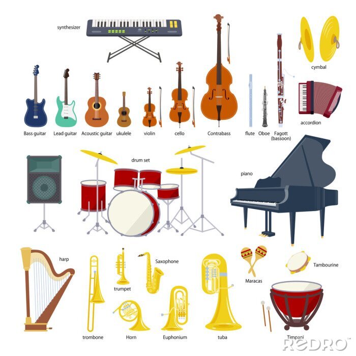 Sticker Musikinstrumente mit Beschriftungen pädagogische Grafik