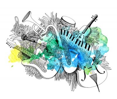 Sticker Musikinstrumente umgeben von Pflanzen Grafik