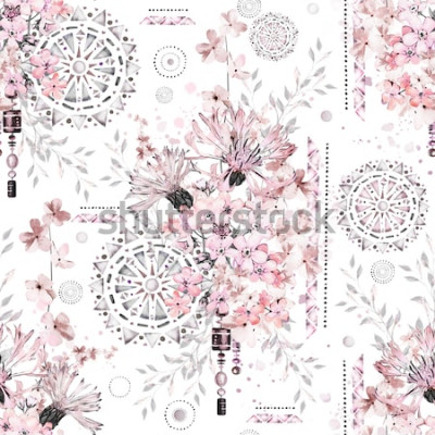 Sticker Muster mit Aquarellblumen und strukturierten Ornamenten - Mandala. Abstrakter Blumenhintergrund. Fliese mit wiesenwilder Blume und geometrischer Illustration