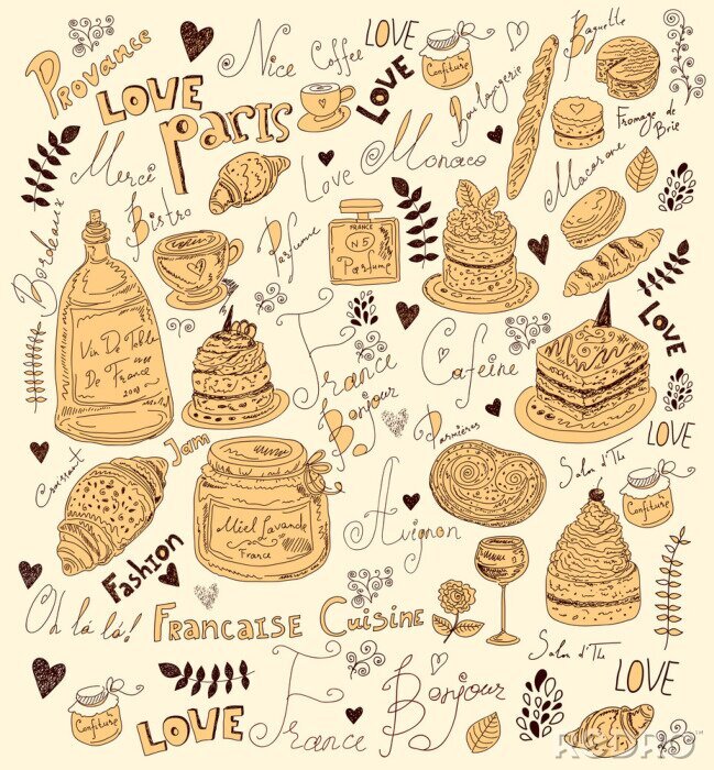 Sticker Muster mit französischem Frühstück