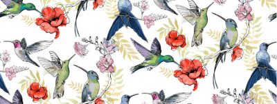 Sticker Muster mit Kolibris inmitten von romantischen Blumen