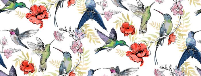 Sticker Muster mit Kolibris inmitten von romantischen Blumen
