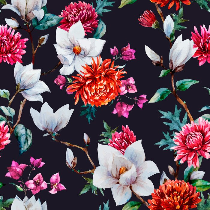 Sticker Muster mit Magnolie und Chrysanthemen