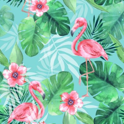 Muster mit stehenden Flamingos Blumen und Blättern