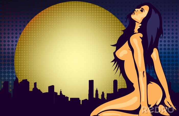 Sticker Nackte Frau in der Nähe des Fensters mit Nacht Stadtansicht, Design-Vektor-Vorlage