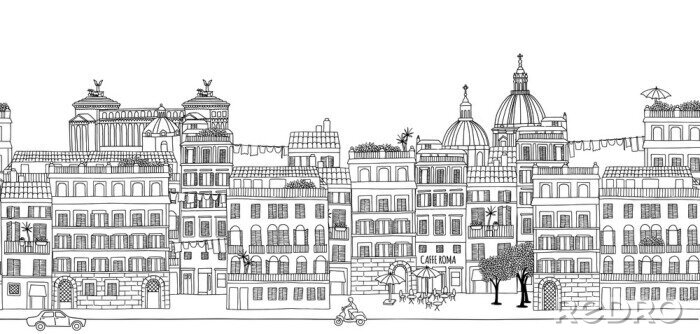 Sticker Nahtlose Banner der Skyline von Rom, von Hand gezeichnet Schwarz-Weiß-Illustration