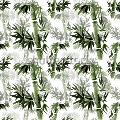 Sticker Nahtlose Blümchenmuster Das Rascheln von Bambus im Wind. Östliche traditionelle Kunst, Aquarell, Tinte, Pinsel frei.