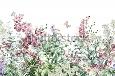 Sticker nahtlose Felge. Grenze mit Kräutern und wilden Blumen, Blättern. Botanische Illustration Bunte Illustration auf weißem Hintergrund. Frühlingszusammensetzung mit Schmetterling