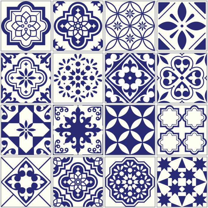 Sticker Nahtlose Fliesen Muster, mediterrane floralen Mosaik-Set, Lissabon nahtlose navy blau Ornament