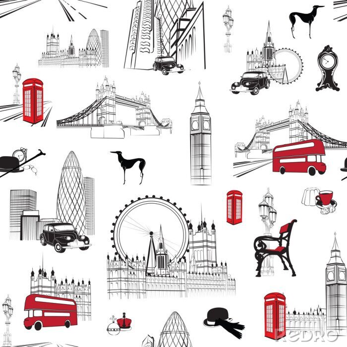 Sticker nahtlose Muster mit Englisch Miniaturen