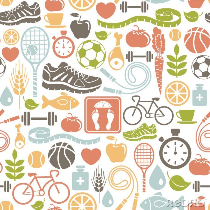 Sticker nahtlose Muster mit gesunden Lifestyle-Ikonen