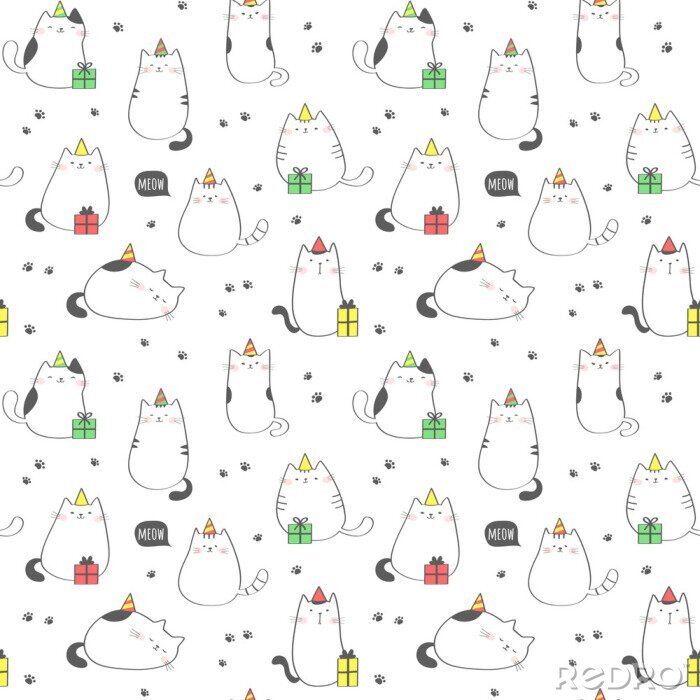 Sticker Nahtlose Muster mit lustigen Katzen. Geburtstagsfeier. Vektor Hintergrund.