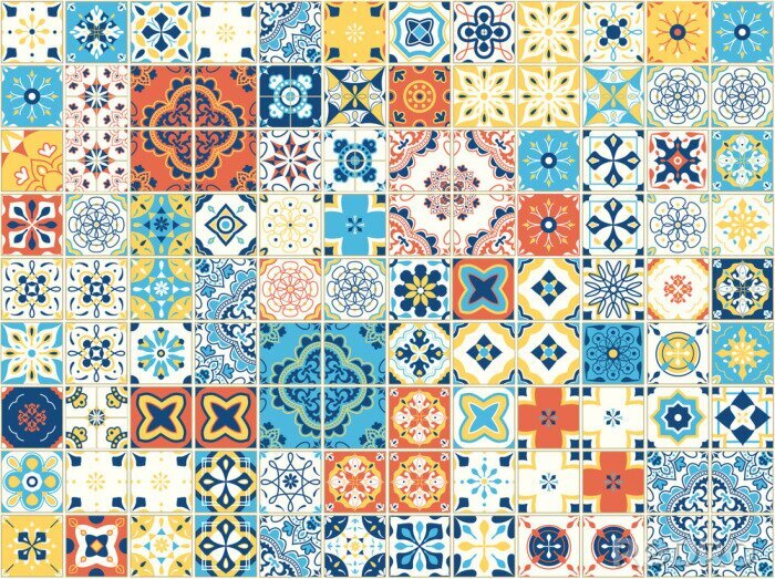 Sticker Nahtlose Muster mit portugiesischen Fliesen. Vektor-Illustration von Azulejo auf weißem Hintergrund. Mediterraner Stil Mehrfarbiges Design.