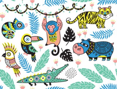 Sticker Nahtlose Muster mit tropischen Tieren