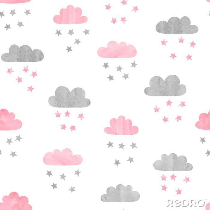 Sticker Nahtloses Aquarellwolken- und -sternmuster. Vektor-Illustration.