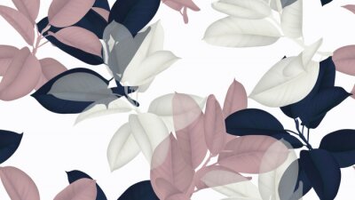 Nahtloses Blumenmuster, blaue, rosa und weiße Ficus Elastica / Gummipflanze auf weißem Hintergrund