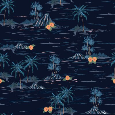 Nahtloses Inselmuster der dunklen Sommernachtstimmung Landschaft mit Palmen, Strand und Ozeanvektor handgezeichneten Stil