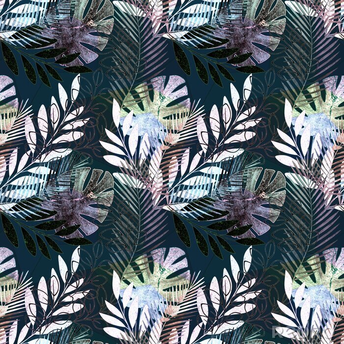 Sticker Nahtloses klares tropisches Muster. Bunte Palmblätter auf einem schwarzen Hintergrund.