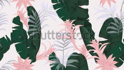 Sticker Nahtloses mit Blumenmuster, grüne Bananenblätter, rosa Bromeliaceaeanlage und Palmblätter auf hellgrauem Hintergrund, Pastellweinlesethema