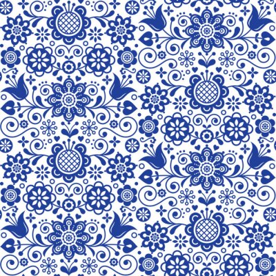 Nahtloses mit Blumenvolkskunstvektormuster, skandinavisches dunkelblaues sich wiederholendes Design, nordische Verzierung mit Blumen
