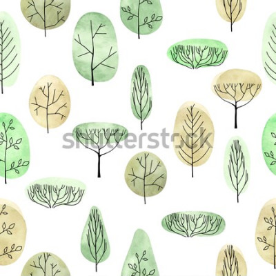 Sticker Nahtloses Muster der Aquarellvektorbäume auf weißem Hintergrund