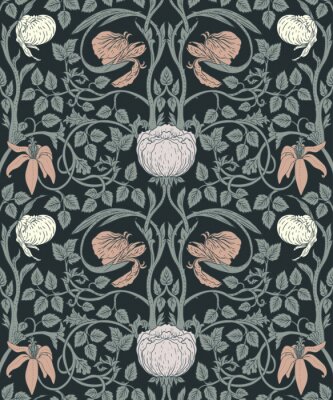 Sticker Nahtloses Muster der Blumenweinlese für Retro- Tapeten. Verzauberte Vintage Blumen. Kunst und Handwerk Bewegung inspiriert.