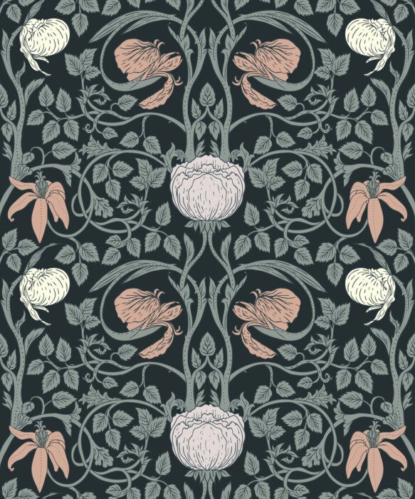 Sticker Nahtloses Muster der Blumenweinlese für Retro- Tapeten. Verzauberte Vintage Blumen. Kunst und Handwerk Bewegung inspiriert.