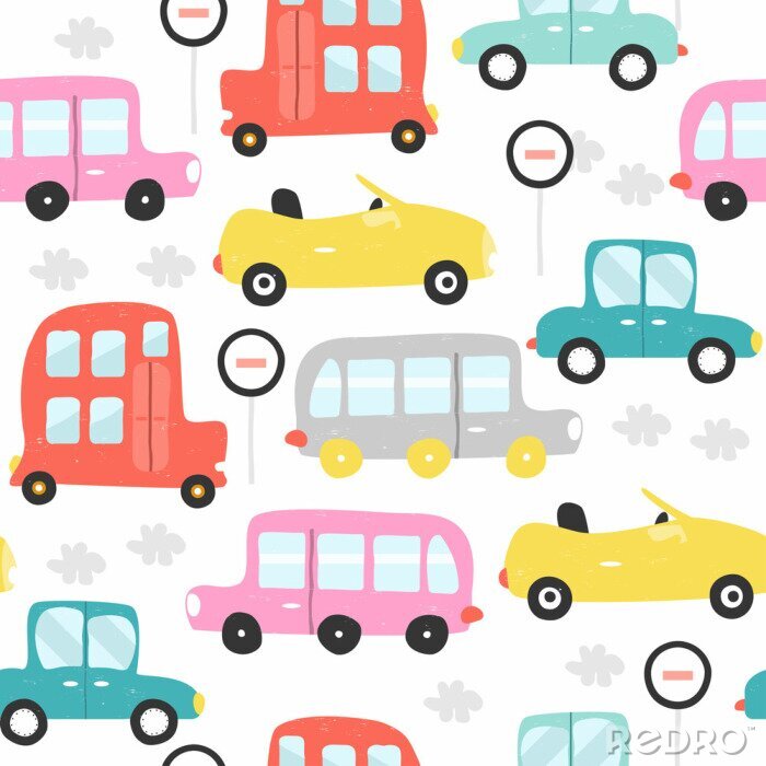 Sticker Nahtloses Muster der bunten Retroautos.  Vektor Hand gezeichnete Illustration.