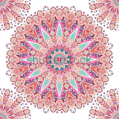 Sticker Nahtloses Muster der ethnischen aufwändigen Federn des Aquarells abstrakten Mandala. Schnüren Sie sich Muster mit Stammes- Federn, geometrisches Muster auf weißem Hintergrund. Handgemalte Kunstillustr
