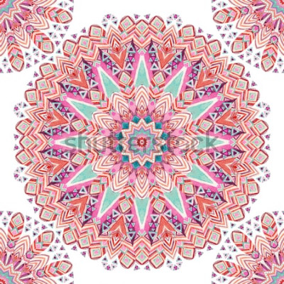 Sticker Nahtloses Muster der ethnischen aufwändigen Federn des Aquarells abstrakten Mandala. Schnüren Sie sich Muster mit Stammes- Federn, geometrisches Muster auf weißem Hintergrund. Handgemalte Kunstillustr