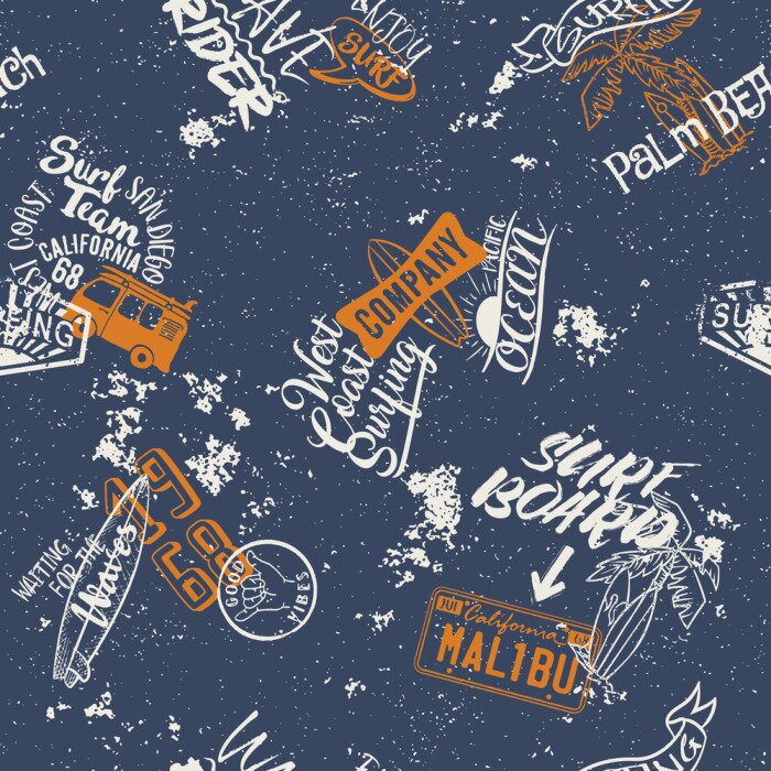 Sticker Nahtloses Muster der Surfenden Westküste, abstrakte Vektortapete für Stoffhemd-Grunge-Effekt in separater Schicht