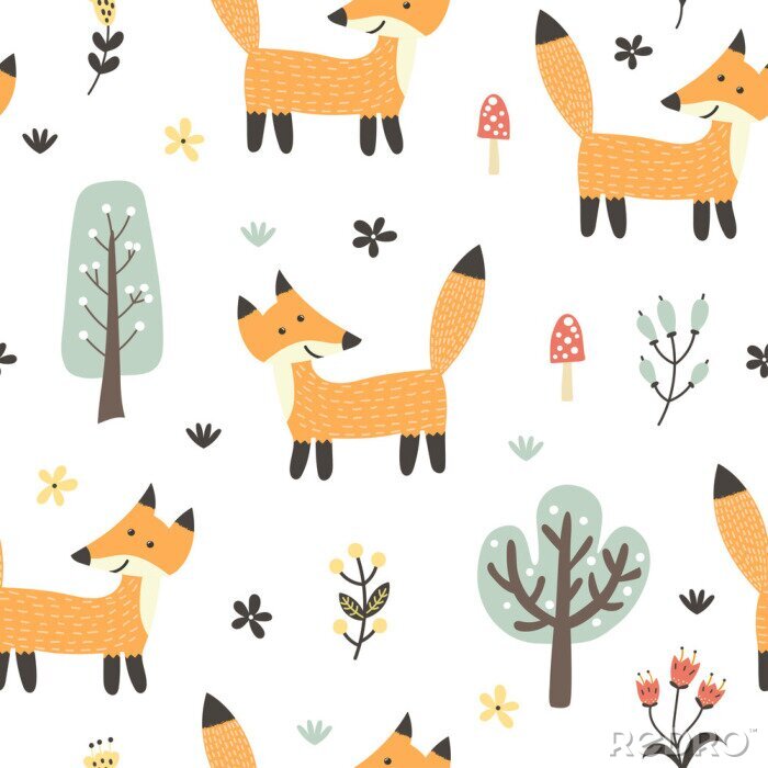 Sticker Nahtloses Muster des lustigen Fuchses. Waldhintergrund im kindlichen Stil